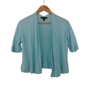 Tahari Women's Linen Blend Blue Shrug Cardigan Sweater Open Front Sz Medium